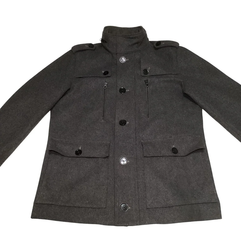 Express Mens Heather Grey Wool Blend Field Jacket Hooded Coat 37F3440 Size M